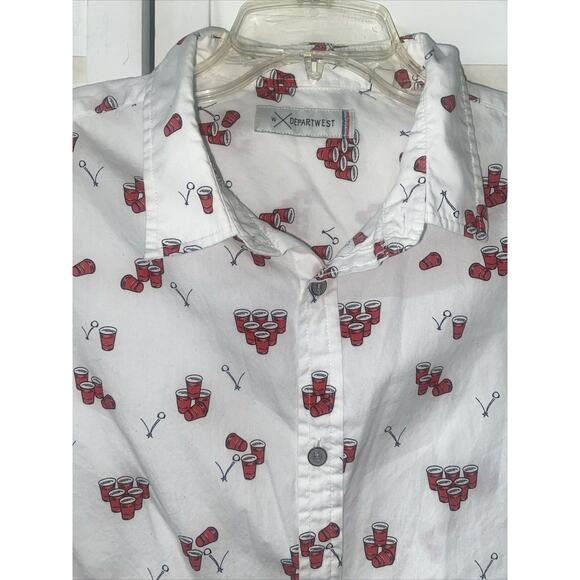 Departwest Beer Pong Short Sleeve Button Up Shirt White Red Men's Size Medium - Picture 1 of 8